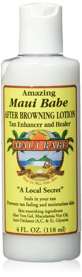 Maui Babe After Browning Lotion bottle close-up for sealing tan and moisturizing skin.