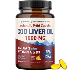 MAV NUTRITION Cod Liver Oil Softgels 1000mg bottle provides omega-3 support for daily wellness.