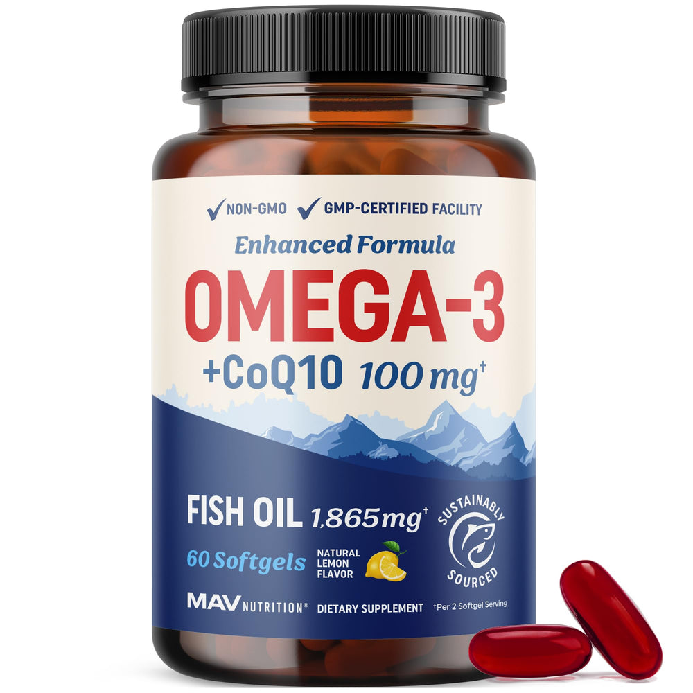 MAV Nutrition Omega-3 CoQ10 bottle front emphasizes heart support and energy-friendly formula
