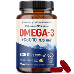 MAV Nutrition Omega-3 CoQ10 bottle front emphasizes heart support and energy-friendly formula