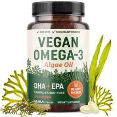 MAV Nutrition vegan omega3 algae oil bottle with softgels for heart and brain support