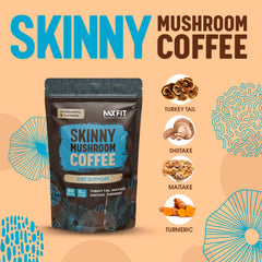 MAX FIT Skinny Mushroom Coffee cup steaming shows rich aroma and low acidity.