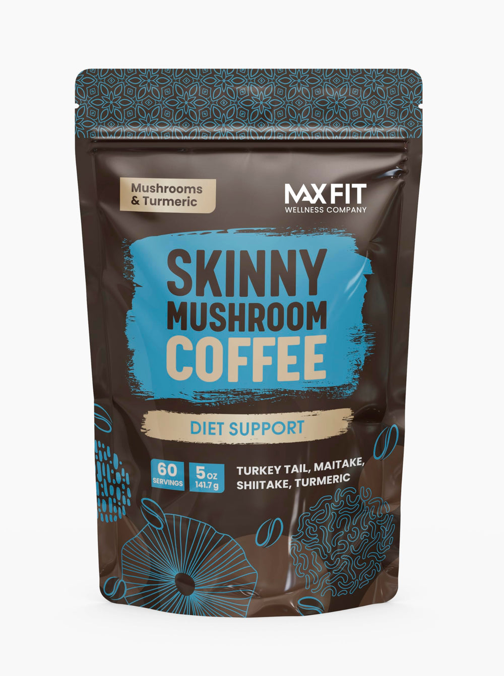 MAX FIT Skinny Mushroom Coffee tin front for smooth energy and focus.