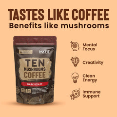MAX FIT ten-mushroom blend powder close-up featuring Lion's Mane and Cordyceps.