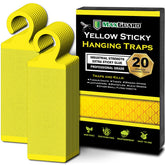 MaxGuard yellow hanging trap catching gnats near potted plants for natural pest control.