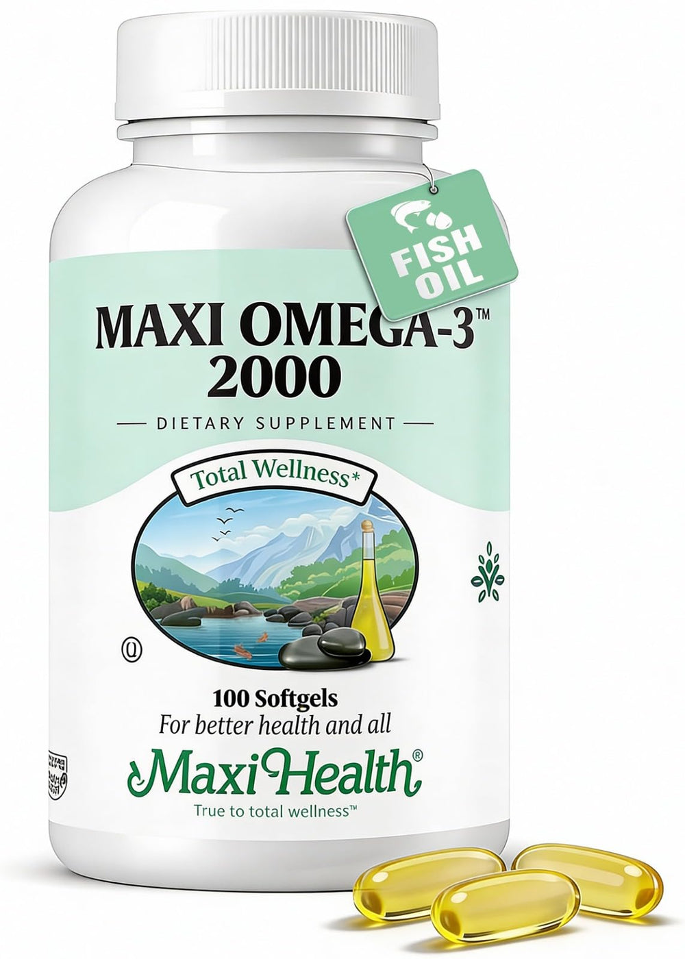 Maxi Health Omega-3 2000mg bottle with triple-strength softgels for daily wellness