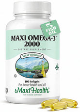 Maxi Health Omega-3 2000mg bottle with triple-strength softgels for daily wellness