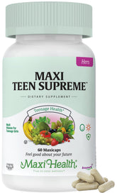 Maxi Health front bottle view showing teen multivitamin and benefits