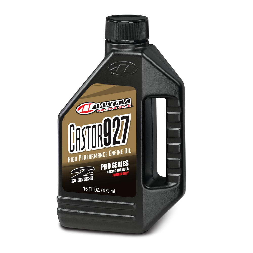 Maxima Castor 927 Racing Premix bottle with cap provides high-performance lubrication for two-stroke engines.