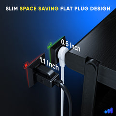 Maximm 15ft white flat extension cord behind furniture setup.