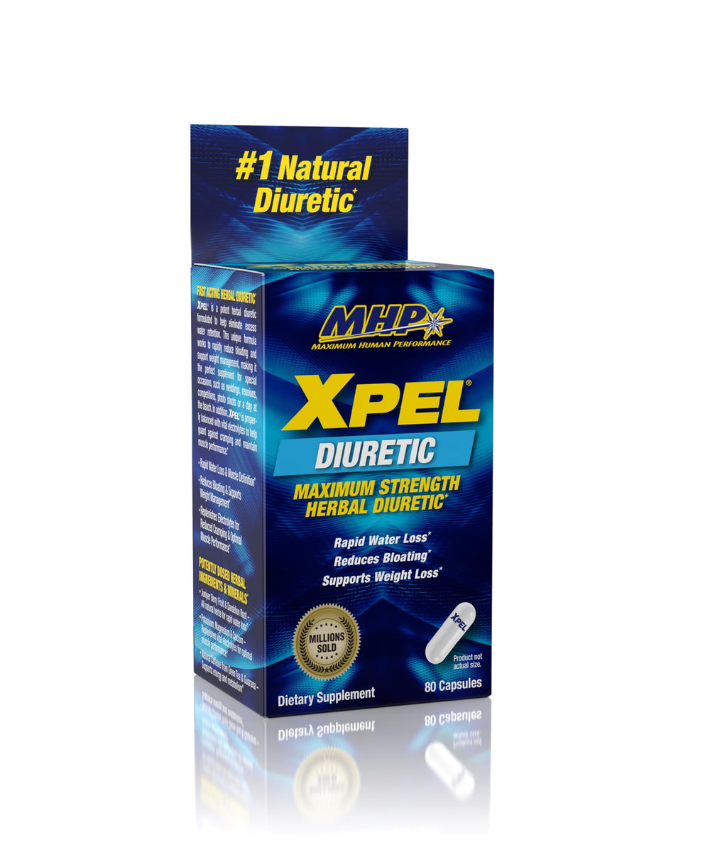 Maximum Human Performance Xpel bottle front showing 80 capsules for water weight relief