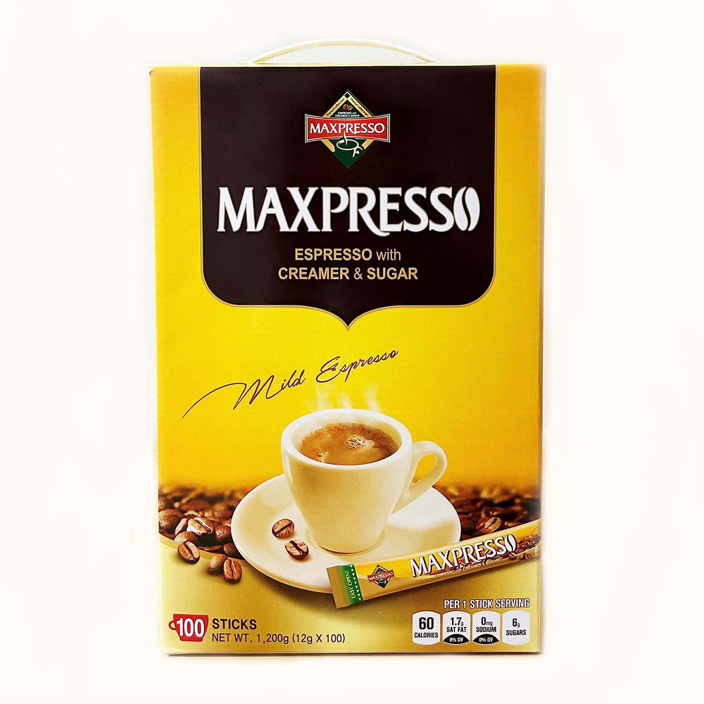 Maxpresso three-in-one Korean instant coffee stick box with 100 packets for quick coffee breaks.