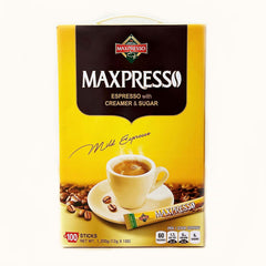Maxpresso three-in-one Korean instant coffee stick box with 100 packets for quick coffee breaks.
