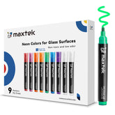 Maxtek Neon markers collection in vibrant colors for glass and whiteboards, great for eye-catching notes.