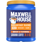 Maxwell House Breakfast Blend Mild Roast canister with a rich aroma to start mornings.