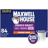 Maxwell House French Roast K-Cup pods 84-count box, bold flavor ready for busy mornings.