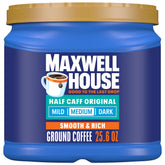 Maxwell House Half Caff canister close-up for everyday mornings.
