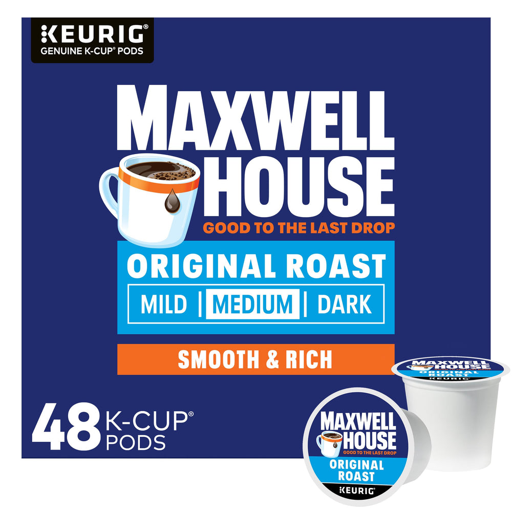 Maxwell House Original Roast box front with 48 pods for easy replenishment