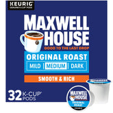 Maxwell House Original Roast K-Cup pods in a 32-count box front, ready for quick morning brewing.