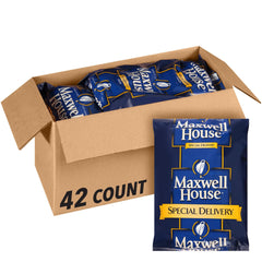 Maxwell House Special Delivery medium roast coffee bags ready for home brewing.