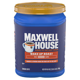 Maxwell House Wake Up Roast ground coffee canister (40oz) on the shelf.
