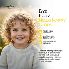 MAYA MARI Kids Gel near bottle and curls demonstrates soft hold.