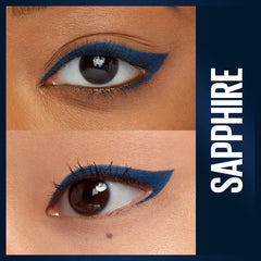 Maybelline Unstoppable Sapphire swatch demonstrates vivid blue payoff and smooth glide.