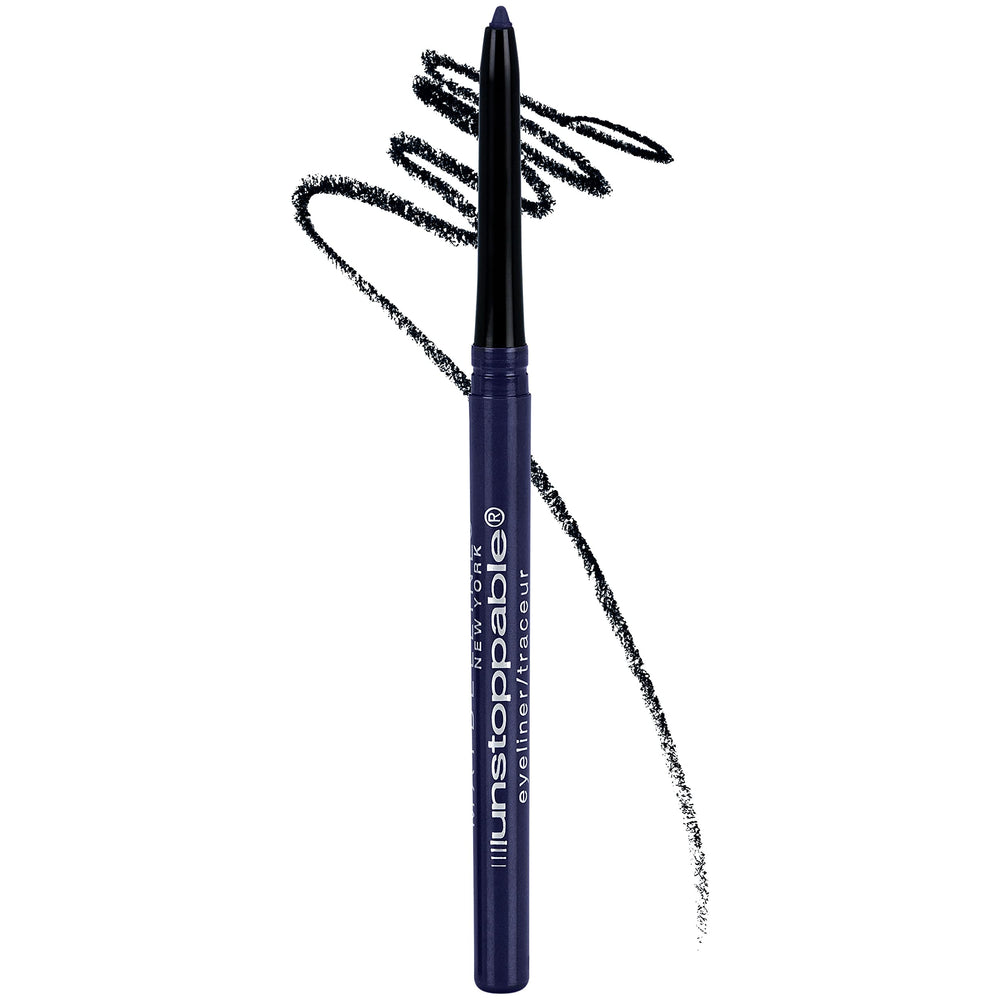 Maybelline Unstoppable sapphire eyeliner pencil close-up showing long-lasting, smudge-resistant color for daily wear.