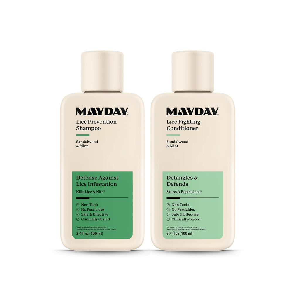 MAYDAY Lice Prevention Shampoo bottle with sandalwood and mint for gentle lice protection.