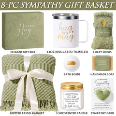 MAYICIVO sympathy gift basket tumbler visual: 12oz BPA-free stainless steel mug keeps drinks warm or cool for long chats.