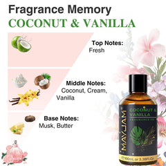 MAYJAM Coconut & Vanilla fragrance oil label on bottle for diffusers