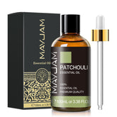 MAYJAM Patchouli Oil bottle in amber glass for long-lasting diffuser fragrance.