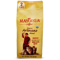 Mayorga Artesano Blend 2lb bag front showing organic and Kosher certifications for fresh home brewing.