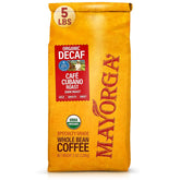 Mayorga Decaf Dark Roast Cubano beans shown for rich aroma and low acidity