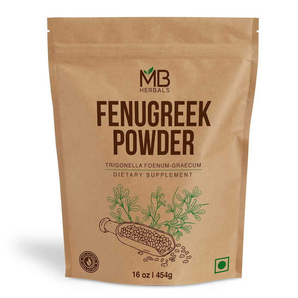 MB Herbals fenugreek powder bottle 1lb for authentic curry flavor and aromatic cooking.