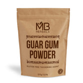 MB Herbals Guar Gum Powder bottle close-up shows gluten-free thickening power.