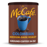 McCafé Colombian ground coffee canister preserves freshness for busy mornings.