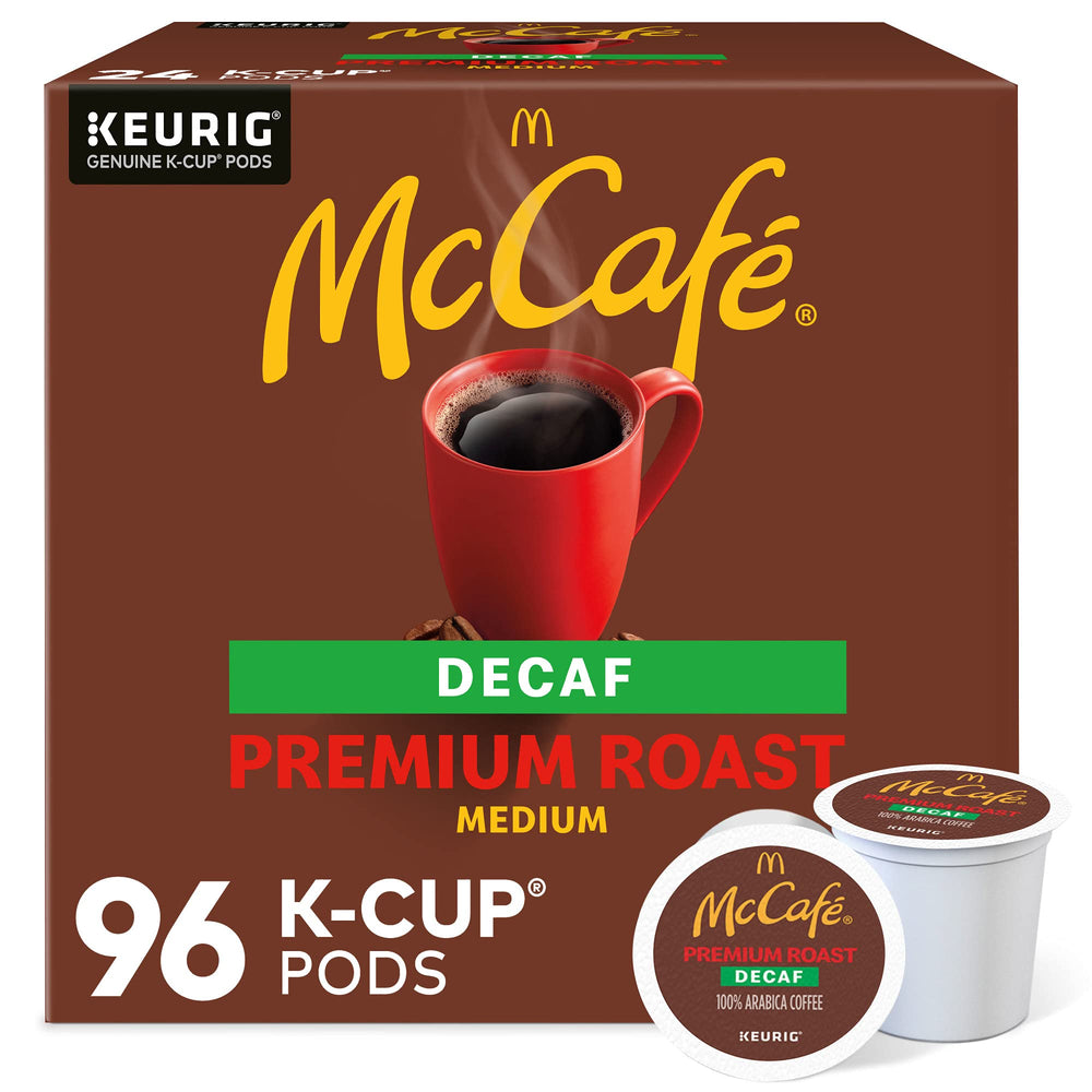 McCafé Premium Roast Decaf K-Cup pods for Keurig machines offer caffeine-free comfort.