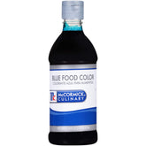 McCormick Culinary blue food coloring bottle close-up showing rich hue for desserts.
