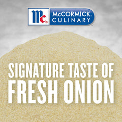 McCormick Culinary granulated onion container-label-closeup highlights kosher, no MSG quality.
