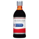 McCormick Culinary Red Food Coloring bottle closeup showing vivid hue for rich desserts and consistent color