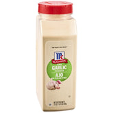 McCormick Fine Garlic Powder jar front view enhances sauces with rich flavor.