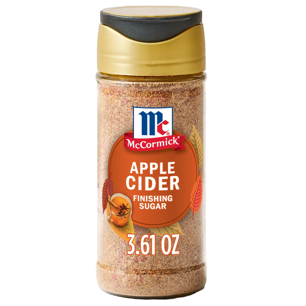 McCormick Apple Cider Finishing Sugar bottle highlights tart apple and spice for seasonal drinks and treats.