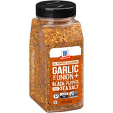 McCormick garlic-onion-black-pepper-sea-salt seasoning bottle enhances dishes.