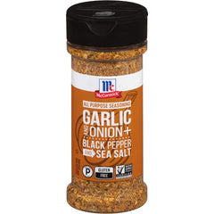 McCormick Garlic and Onion All Purpose Seasoning jar enhances meals with garlic, herbs, and pepper.