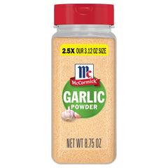 McCormick Garlic Powder jar adds consistent flavor to dishes.