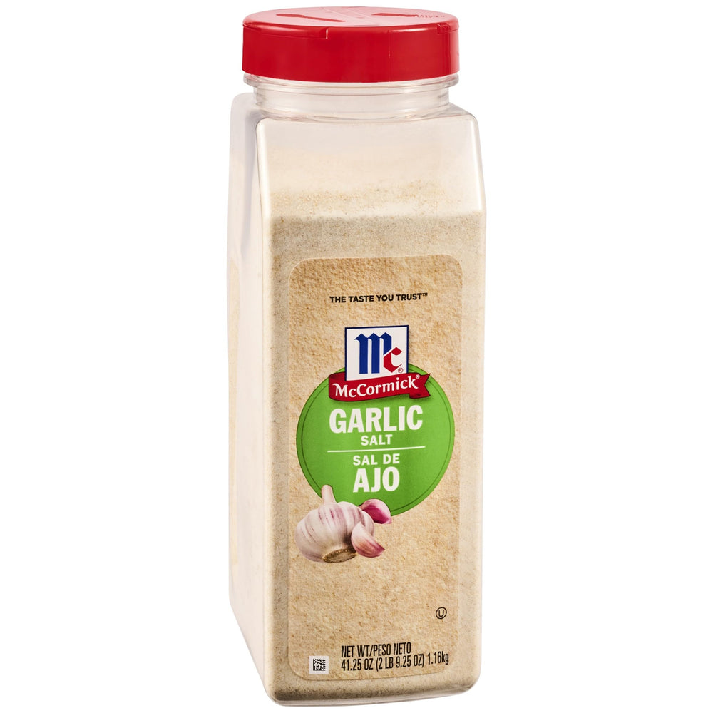 McCormick Garlic Salt bottle front view for quick flavor boosts in home cooking.