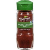 McCormick Gourmet Ancho Chile Pepper bottle closeup for rich, milder heat in salsas.