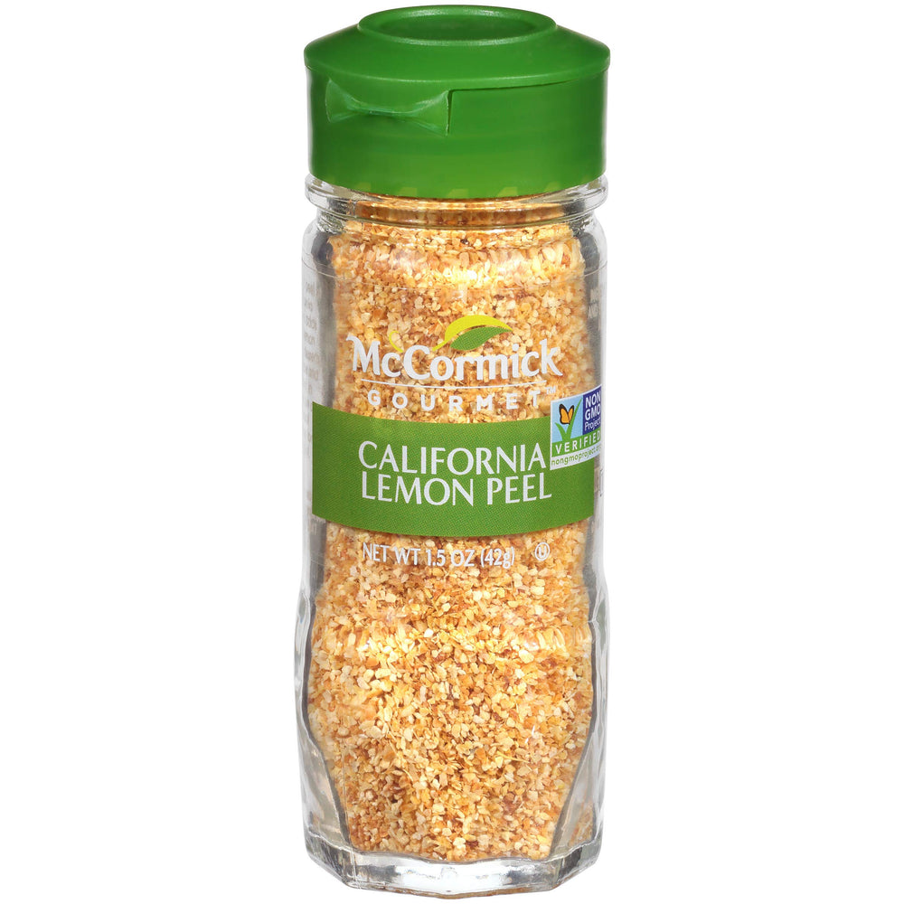 McCormick Gourmet California Lemon Peel bottle highlights premium zest for quick flavor boost.