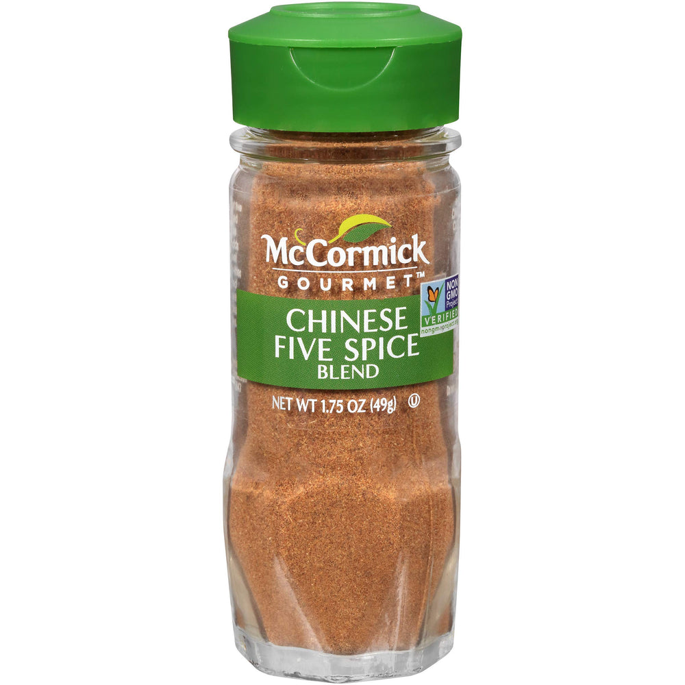 McCormick Gourmet Chinese Five Spice bottle close-up; enhances stir-fries with warm aroma